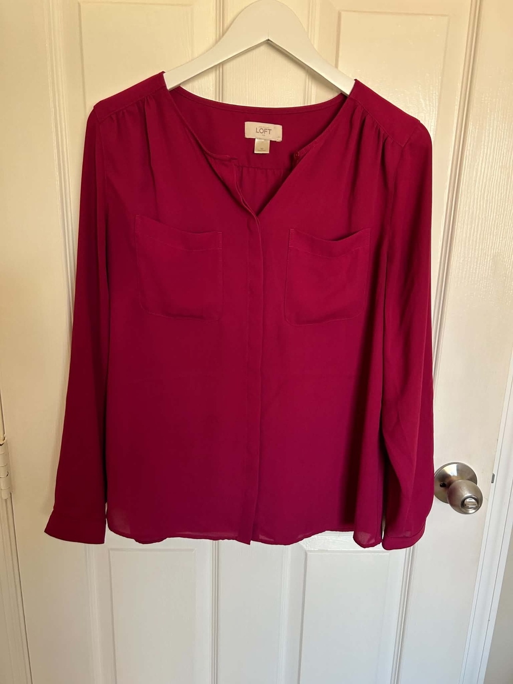 LOFT Women's Fuchsia Split-Neck Long Sleeve Blouse